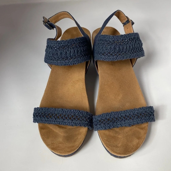 Lucky‎ Brand Crochet Wedge Sandals Navy Blue Leather Woven Crochet Size 8.5 - Picture 2 of 10